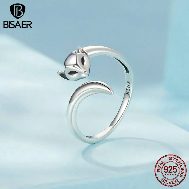 BISAER 925 Sterling Silver Cute Fox Open Ring Smart Animals Band Adjustable Size 5-9 for Women Party Fine Jewelry ECR1066