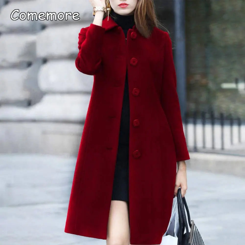 Comemore Autumn Women Coat Mid-Length Collar Elegant Warm Winter Jacket Single-Breasted Solid Color Turn-down Plus Size 3XL 4XL