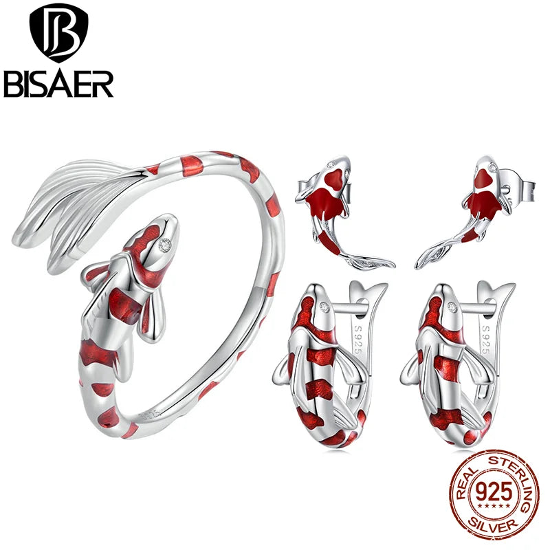 BISAER 100% 925 Plata esterlina Koi Carp Jewelry Set Pendientes Anillo ajustable Chapado en platino para mujeres afortunadas Regalo de joyería fina