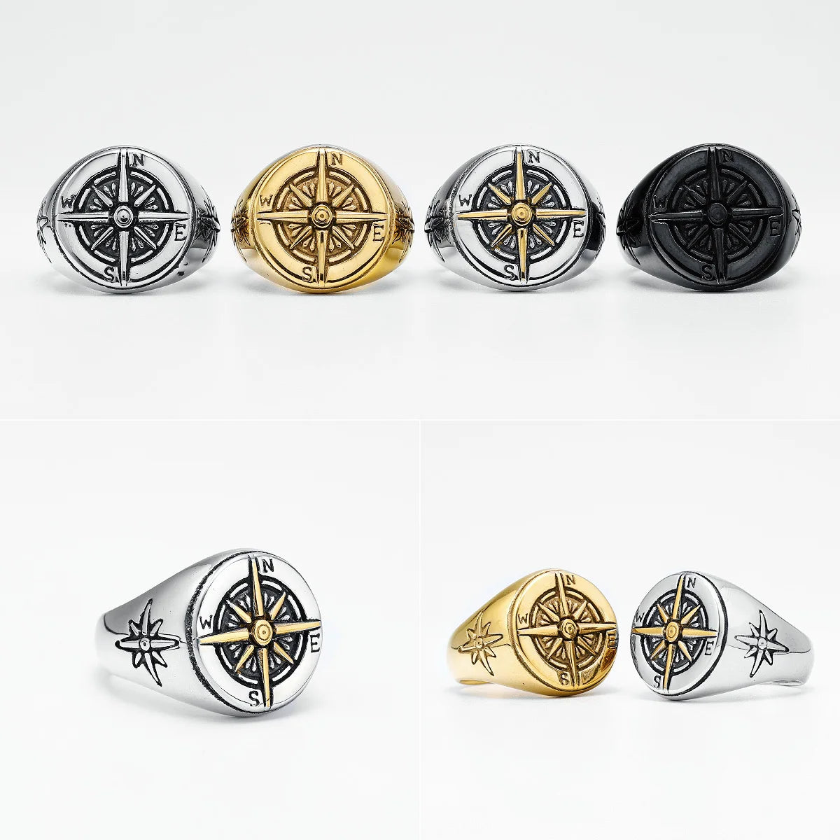 Compass Men Rings 316L Stainless Steel Navy Ocean Nautical Navigation Punk Rock Rap for Biker Male Boyfriend Jewelry Best Gift