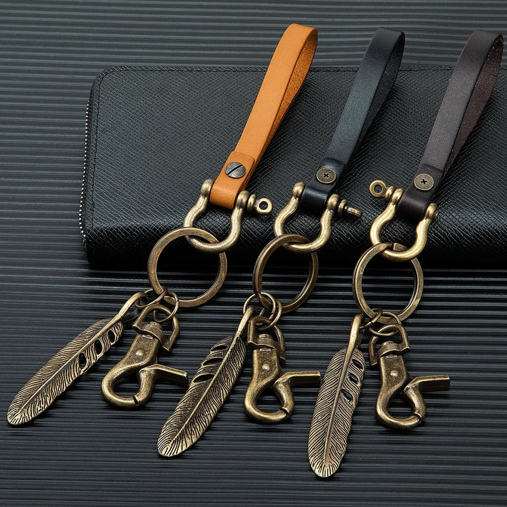 MKENDN Handmade Leather Keychain Brass D-Shape Shackle Creative DIY Feather Keyring Holder Car Key Chain For Men Jewelry Gift