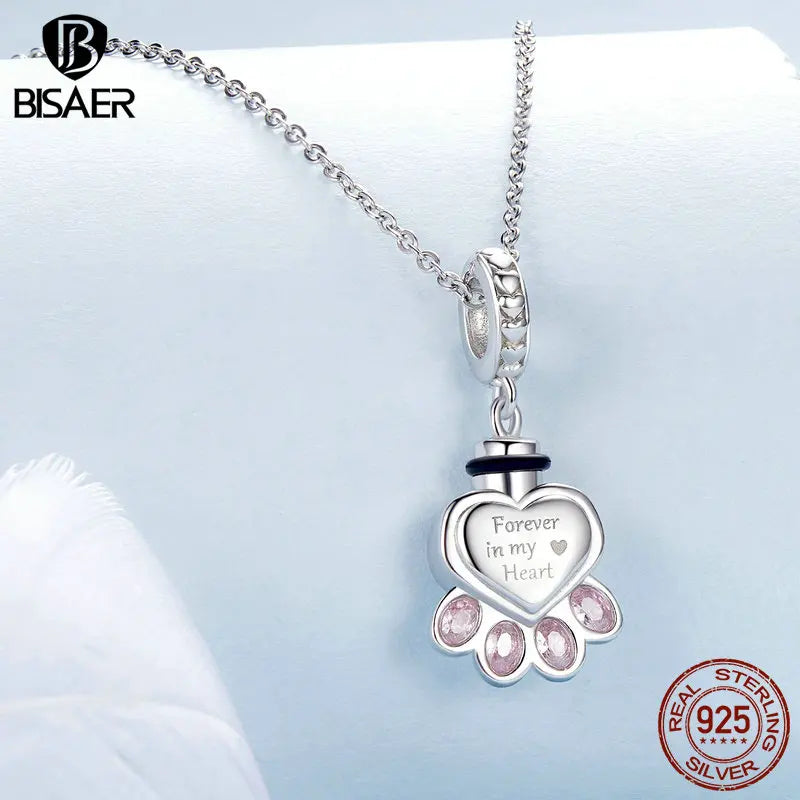 BISAER Pendentif en argent sterling 925 en forme de patte d'animal de compagnie en forme d'urne funéraire en forme de cœur rose avec zircone cubique pour femme, bracelet et collier à faire soi-même, bijoux fins