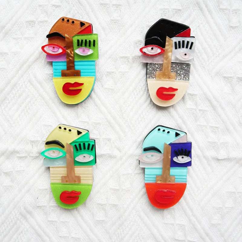 Wuli&baby Acrylic 4 Color Famous Painting Face Brooch Pin Women Fashion Jewelry Accessory 2024 Gift