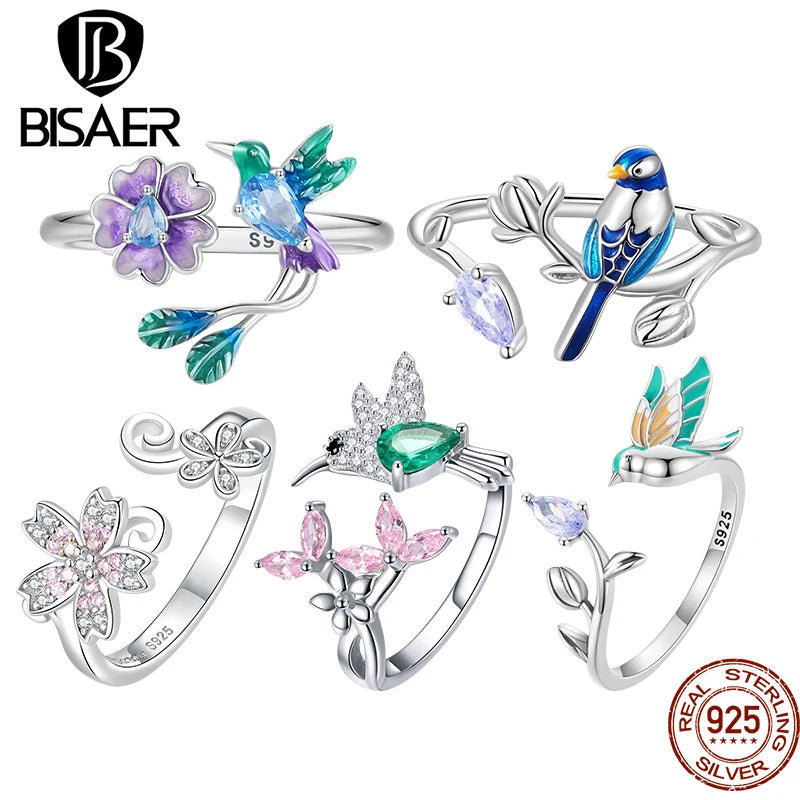 BISAER 925 Sterling Silver Floral Bird Open Ring Flower Band Adjustable Size 5-9 Plated White Gold For Women Party Fine Jewelry