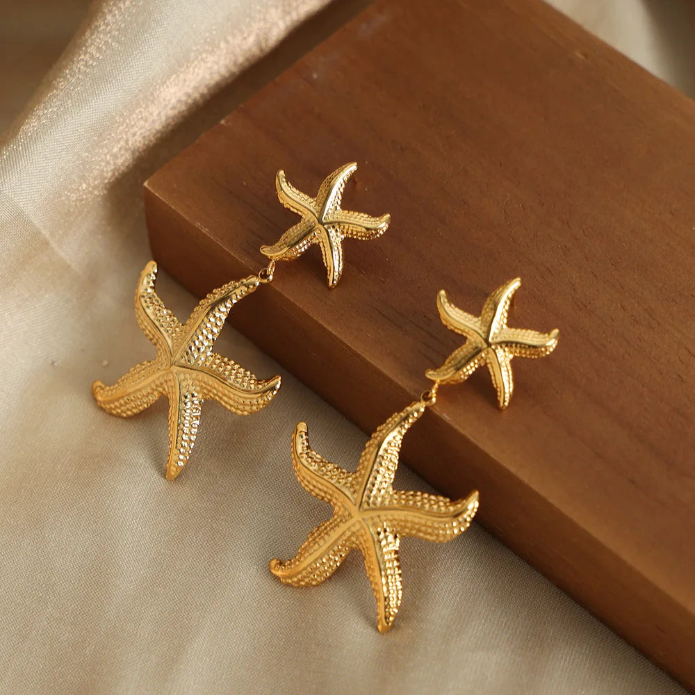 INS Trend 18K Gold Plated Stainless Steel Starfish Drop Dangle Statement Stud Earrings for Women Holiday Beach Jewelry