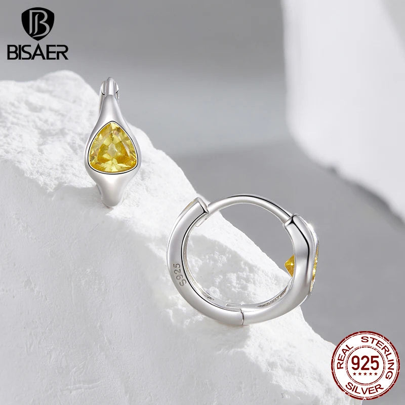 BISAER 925 Sterling Silver Metalness Statement Hoop Earrings Yellow Zircon Stud Earring Plated Gold for Women Party Fine Jewelry