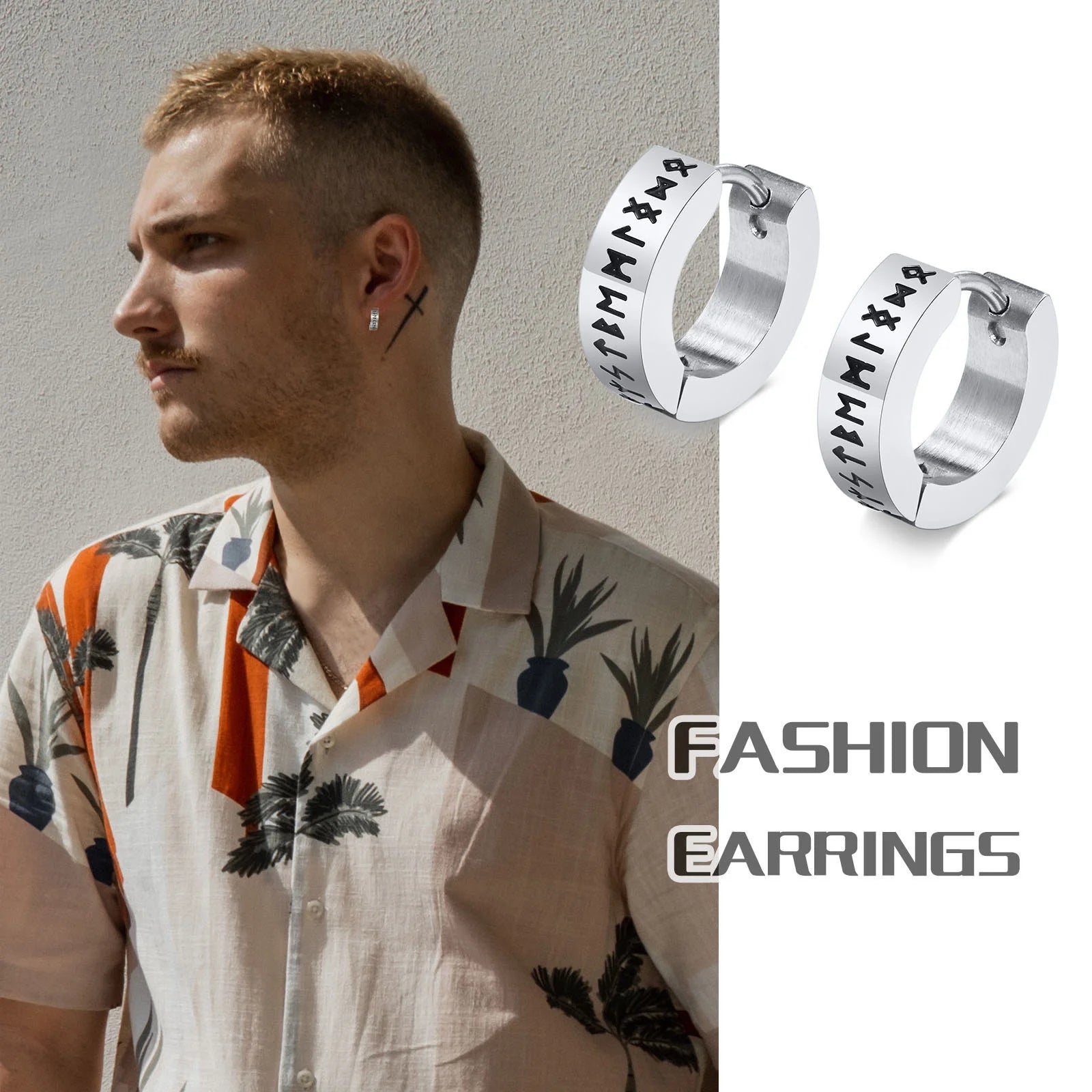 Vintage Norse Viking Runes Hoop Earrings for Men Male Boys,Waterproof Stainless Steel Huggie Ear Gifts Christmas Jewelry