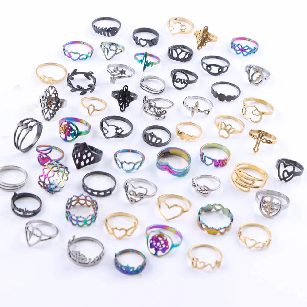 10Pcs/Lot Fashion Stainless Steel Rhinestone Stripe Rings For Women Mix Style Wedding Engagement Jewelry Party Gifts