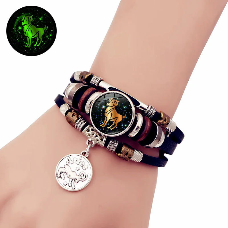 Leuchtendes Vintage-Armband mit 12 Sternbildern für Männer und Frauen, geflochtene Punk-Lederarmbänder, Geburtstagsgeschenk, im Dunkeln leuchtendes Armband