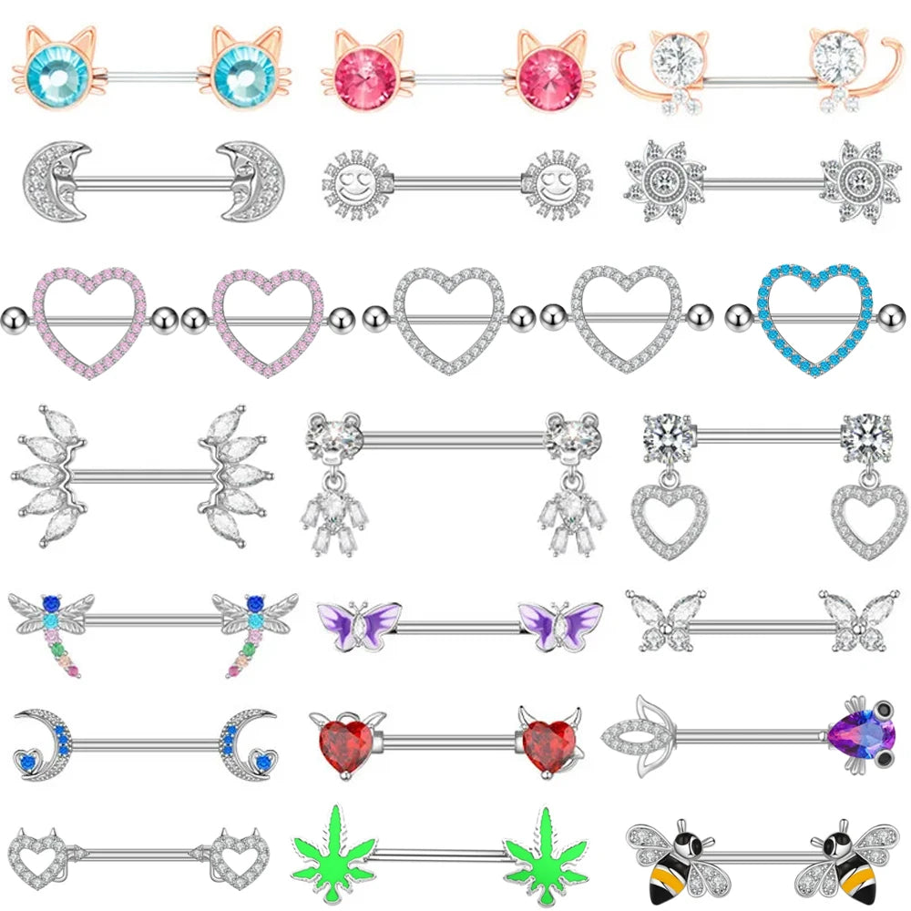 2pcs Cute Cat Bear Dangled Nipple Rings Fashion Butterfly Dragonfly Bee-shaped Shield Barbell Women Girls Sexy Nipple Piercings