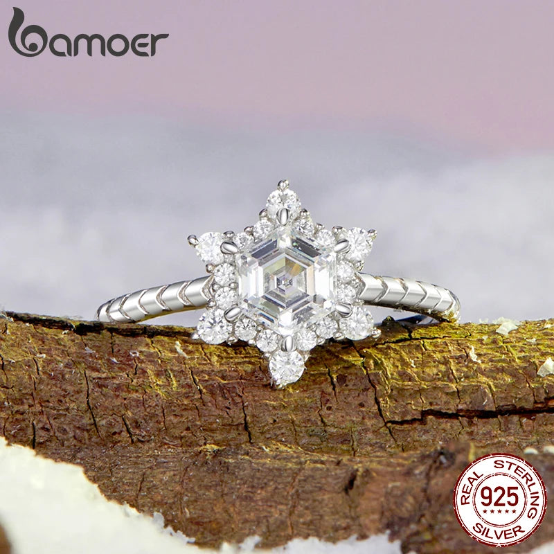 Bague en argent sterling 925 BAMOER en forme de flocon de neige, plaquée or blanc, bijoux délicats et élégants