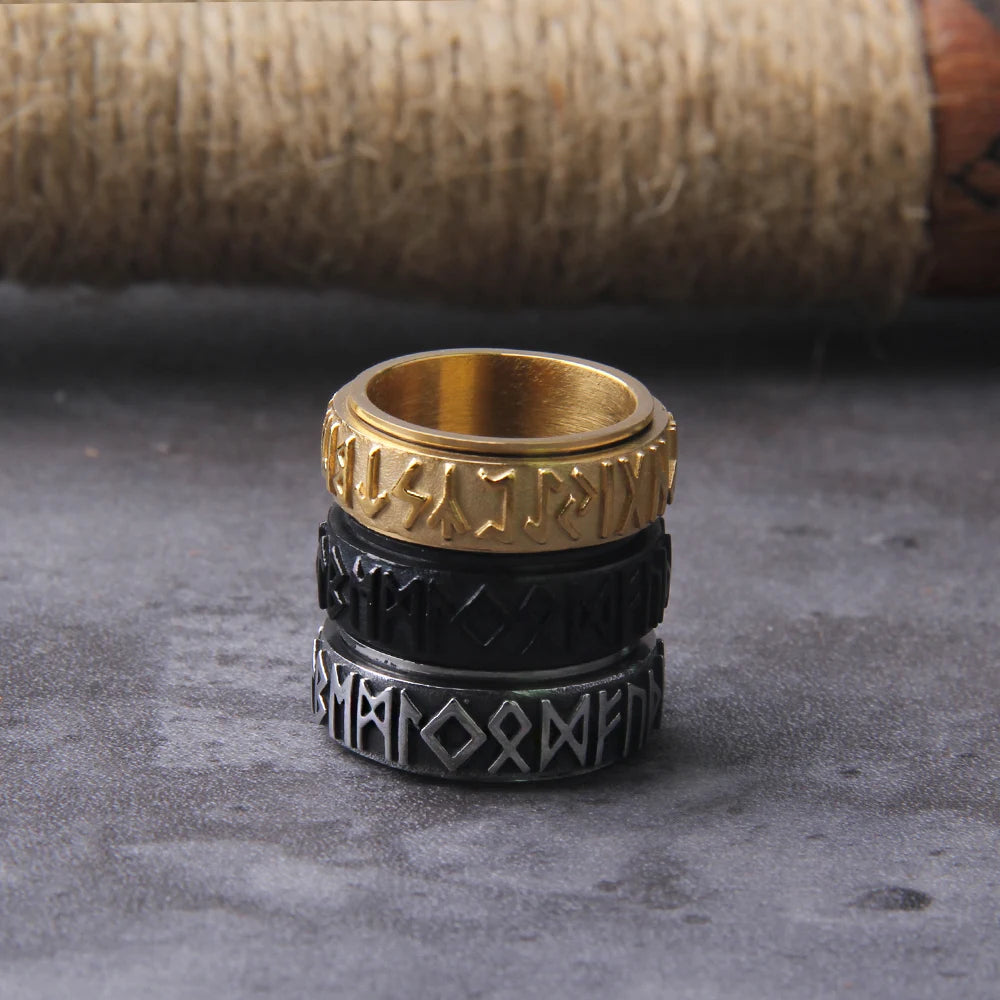 Rotating viking rune ring made of stainless steel with wooden box