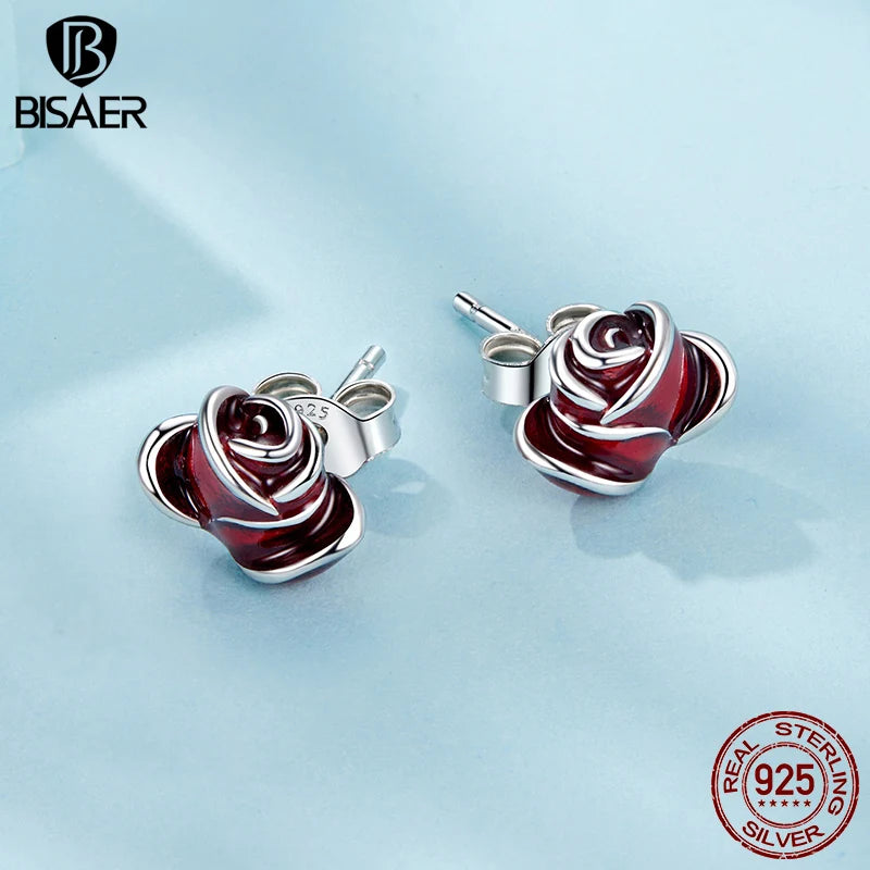 BISAER 925 Sterling Silver Red Rose Stud Earrings Enamel Process Ear Clip Plated White Gold For Women Original Fine Jewelry