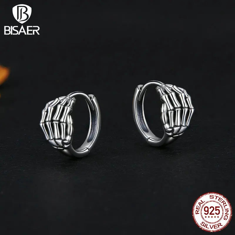 BISAER 100% 925 Sterling Silver Vintage Skull Hand Jewerly Set Ring Stud Earring for Women Halloween Party Gift