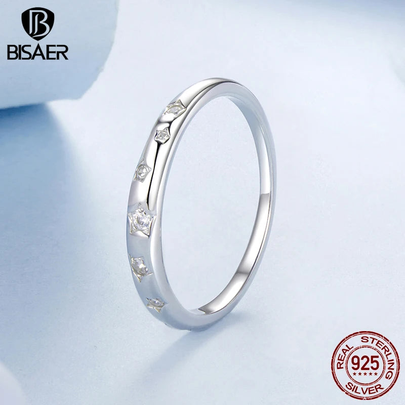 BISAER 925 Sterling Silver Star Ring Pave Setting Zircon Band Plated White Gold for Women Party Weeding Fine Jewelry Gift EFR612