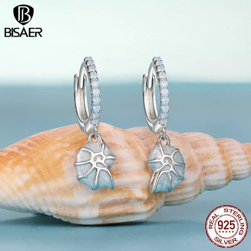 BISAER 925 Sterling Silver Blue Seashell Turtle Hoop Earrings Starfish Stud Earrings for Women Beach party Fine Jewelry Gift