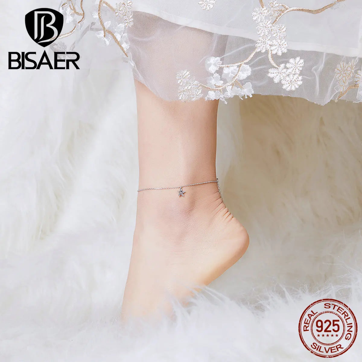 BISAER 925 Sterling Silver Star Anklets Five-pointed Star Adjustable Chain Anklets For Women Party Fine Jewelry Holiday Gift