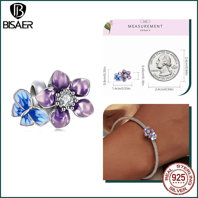 BISAER 925 Argent Sterling Entrelacé Coeur Charm Perle Phoenix Fleur Pourpre Soleil Pendentif Fit Femmes DIY Bracelet Fine Bijoux