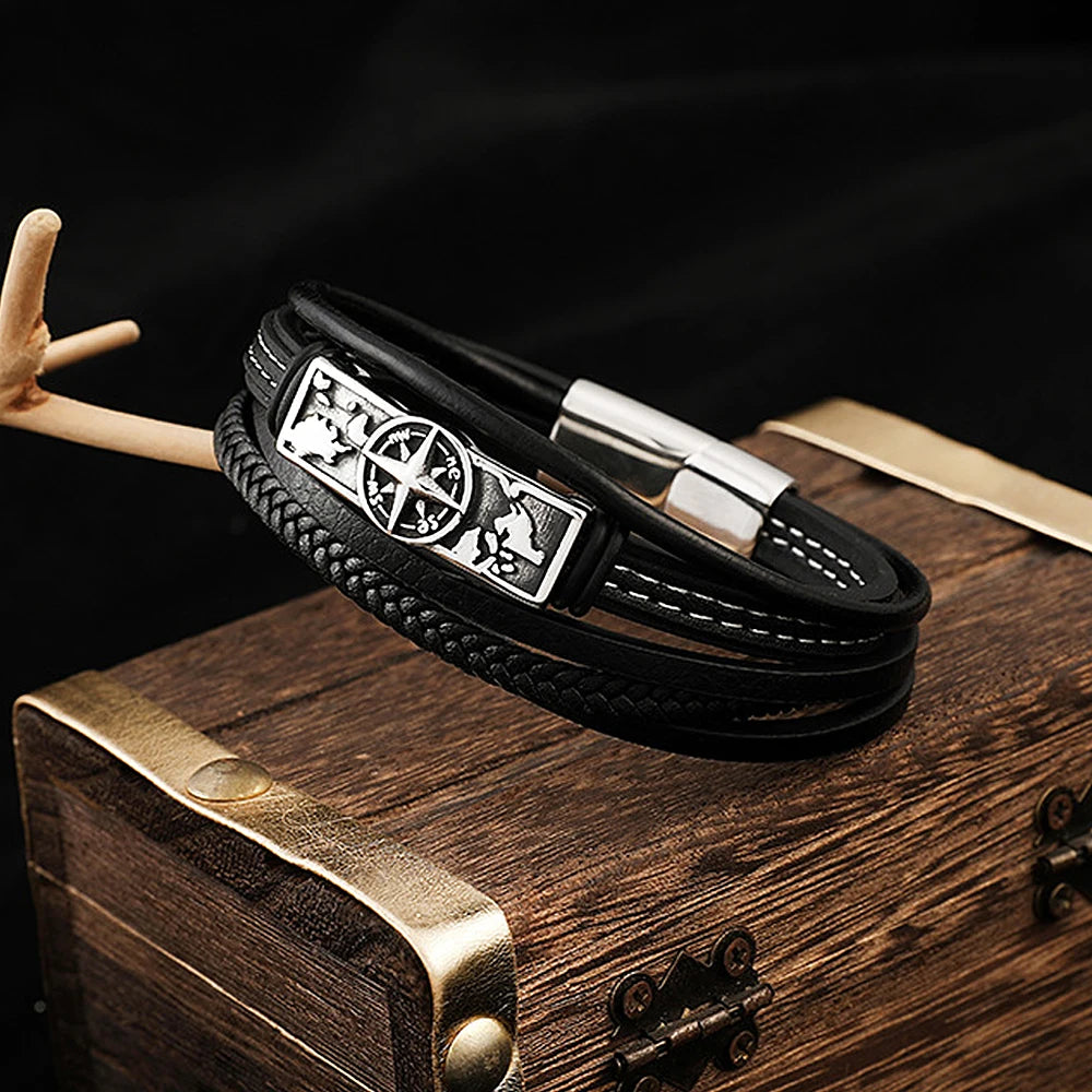 Vintage Viking Compass Stainless Steel Bracelet For Men Punk Charm MultiLayer Leather Bangles Fashion Jewelry Gifts Dropshipping