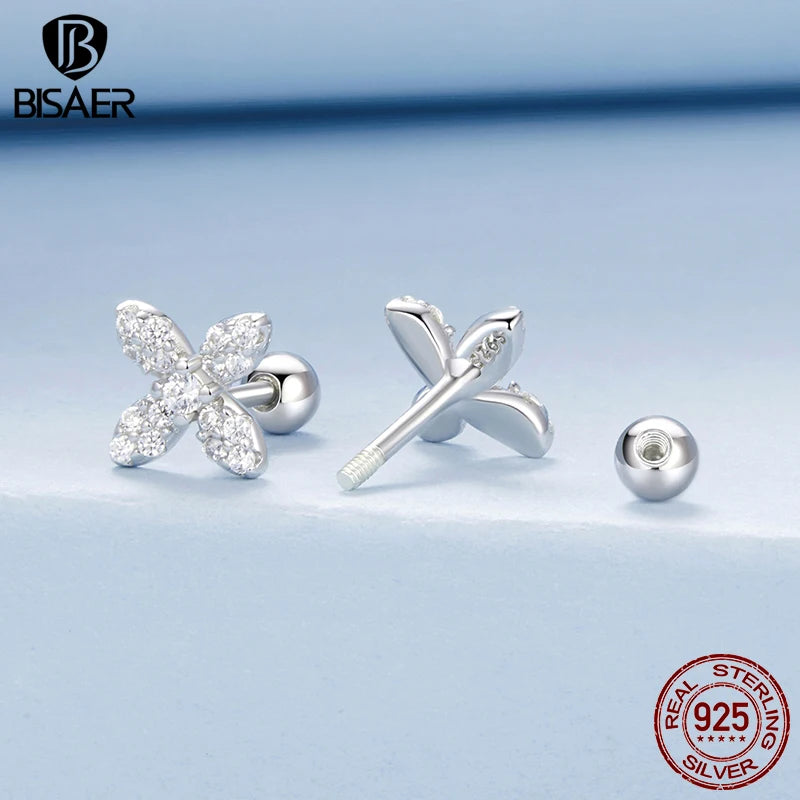 BISAER 925 Sterling Silver Mini Flower Stud Earrings Sparkling Zircon Hypoallergenic Earrings for Women Party Fine Jewelry Gift