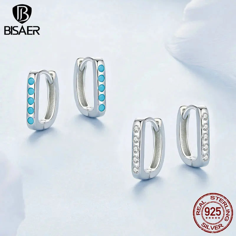 BISAER 925 Sterling Silver Simple D Shape Hoop Geometry Ear Buckles Plated White Gold For Women Party Original Fine Jewelry Gift