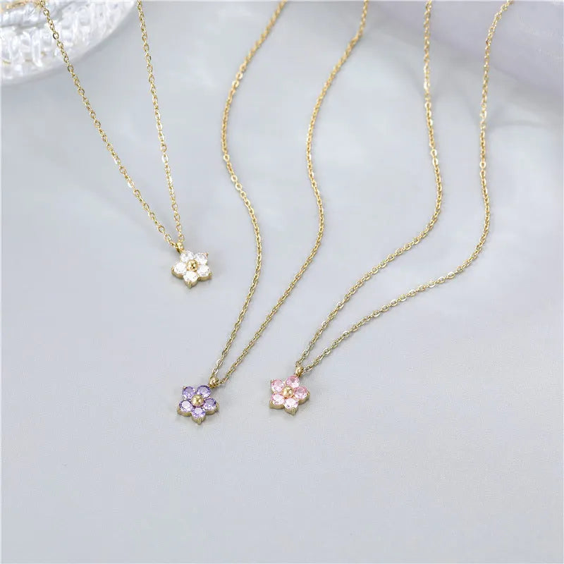 Dainty Waterproof Jewelry Gold Plated Stainless Steel Pink Purple White Cubic Zirconia flower Pendant Necklace for Women Gift