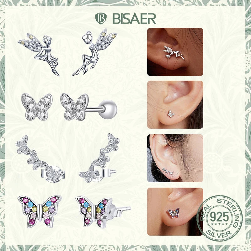 BISAER 925 Sterling Silver Flowers Stud Earrings Animal Rabbit Butterfly Plated Platinum Earring for Women Original Fine Jewelry