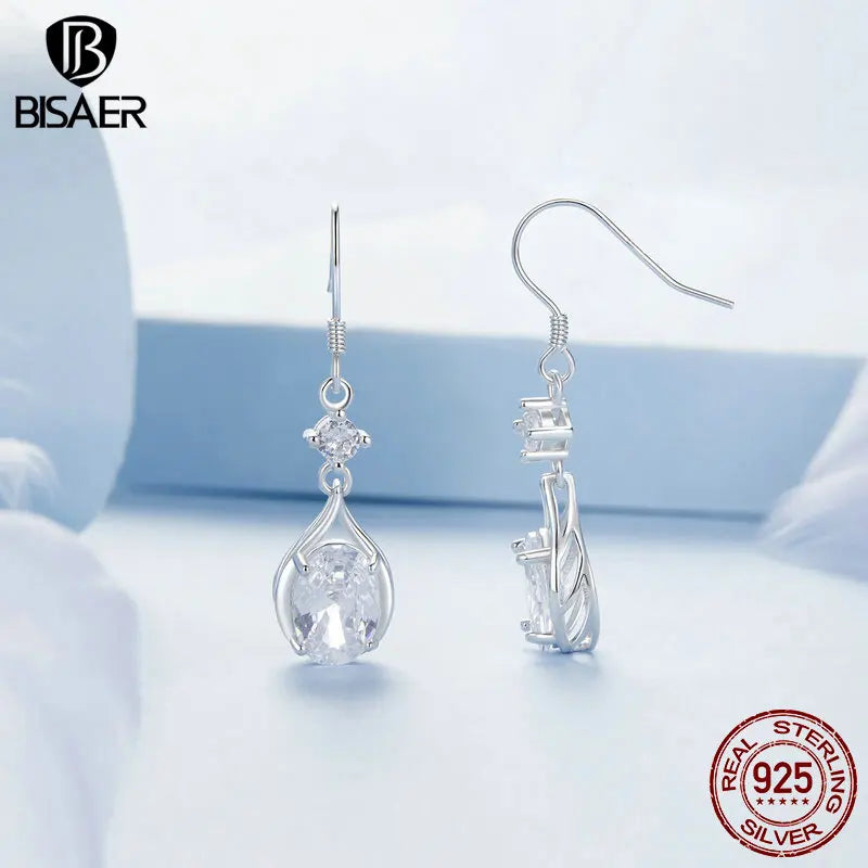 BISAER 925 Sterling Silver Teardrop Stud Earrings Sparkling Zircon Stud Ear Plated White Gold For Woman Wedding Fine Jewelry