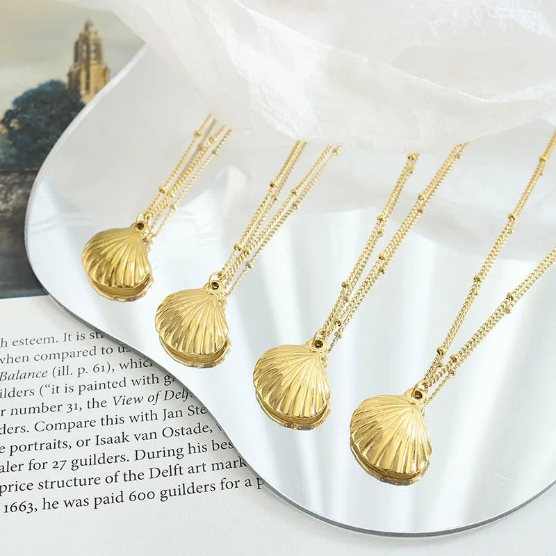 INS Trendy 18K Gold Plated Stainless Steel Shell Pendant Necklaces for Women Girls Waterproof Beach Jewelry Gift