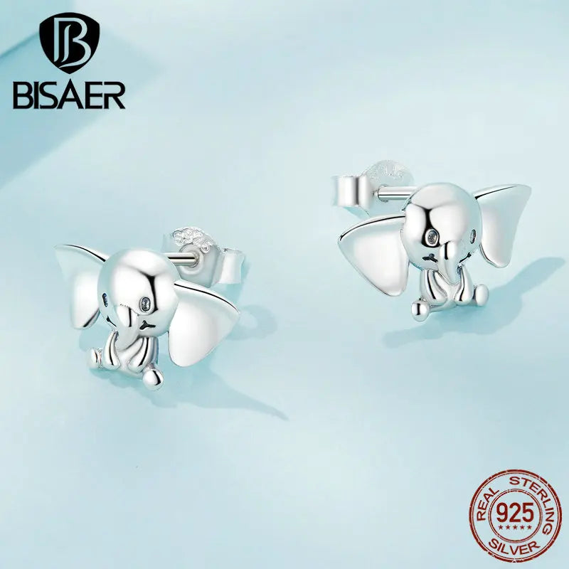 BISAER Real 925 Sterling Silver Cute Elephant Stud Earring Mini Animal Stud Ear For Woman Party Fine Jewelry ECE1537