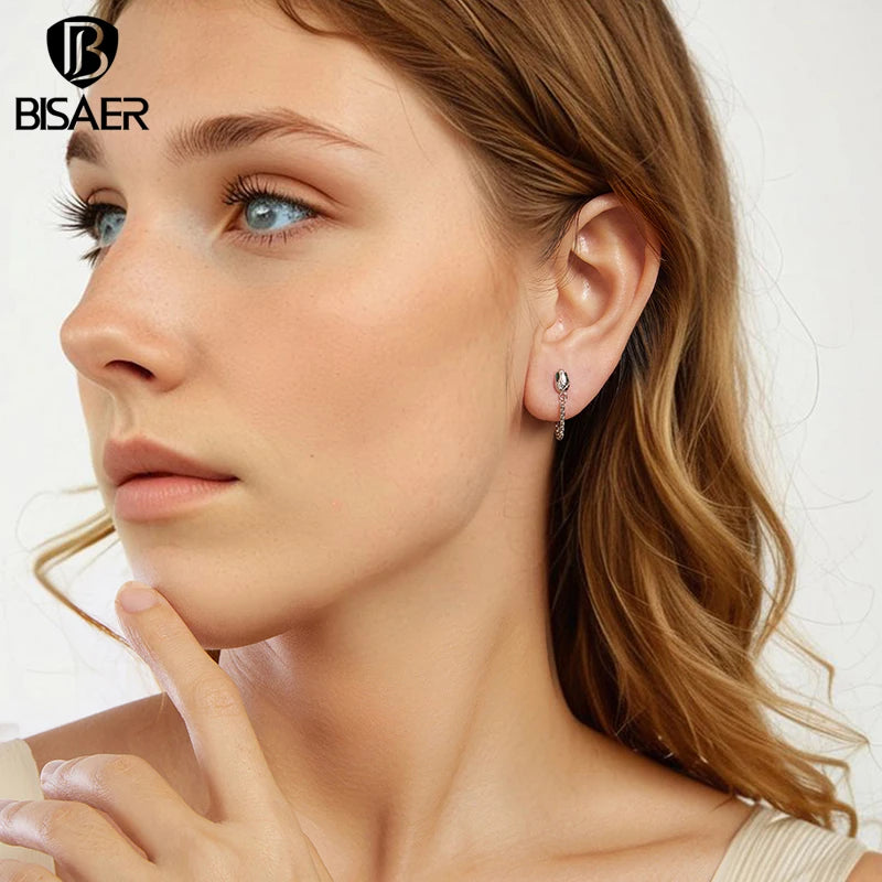 BISAER 925 Sterling Silver Snake Tassel Hoop Earrinngs Metal Stud Earrings Hypoallergenic Classic Ear Women Party Fine Jewelry