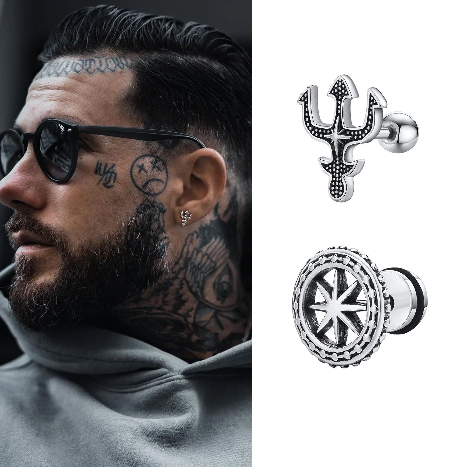 Punk-Dreizack-Ohrstecker für Herren, Ohrringe aus Edelstahl mit dem antiken griechischen Gott Poseidon und Neptun, Ohrschmuck für ihn