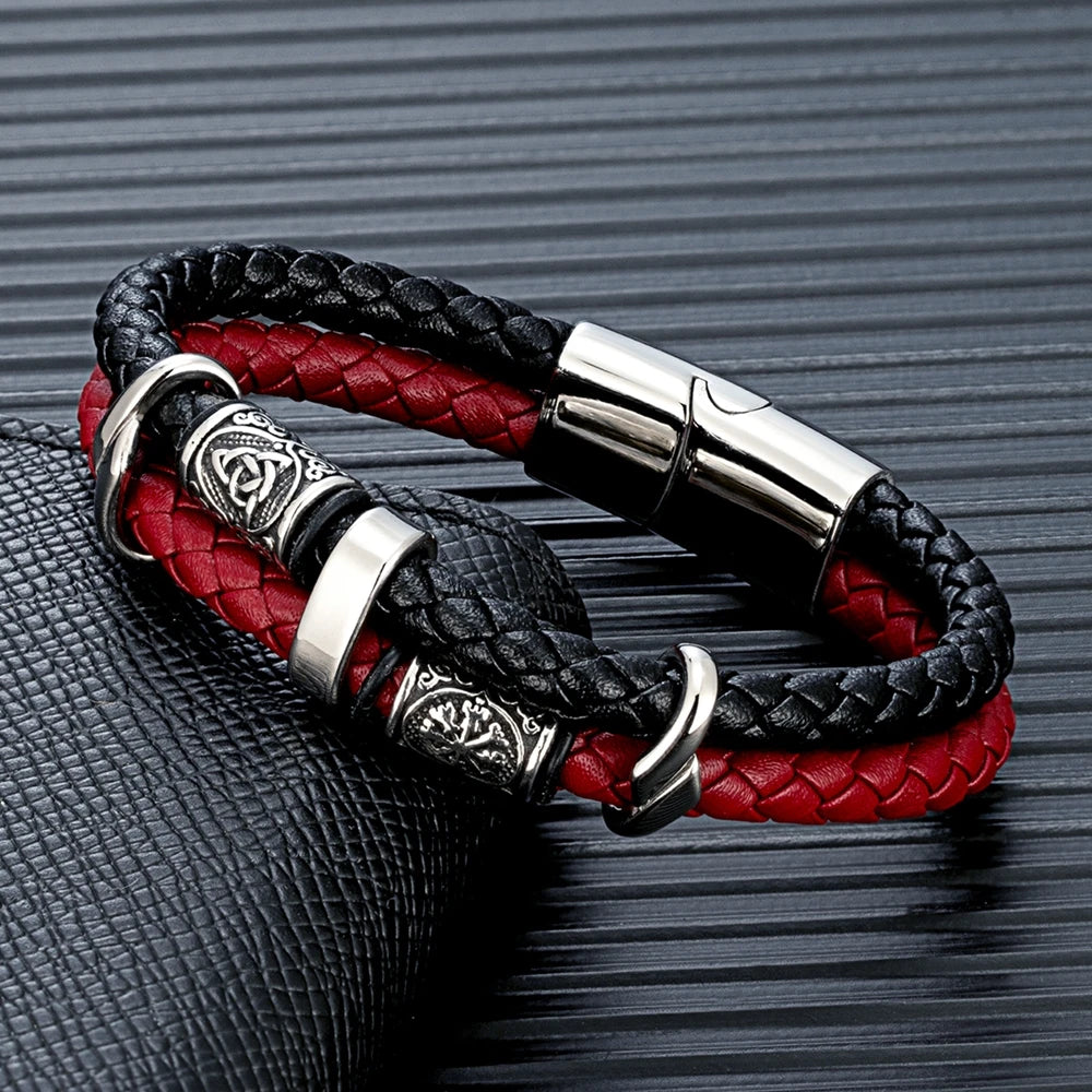 MKENDN Punk Viking Style Stainless Steel Compass Norse Runes Amulet Beads Braided Multilayer Leather Bracelet Homme Pulseras