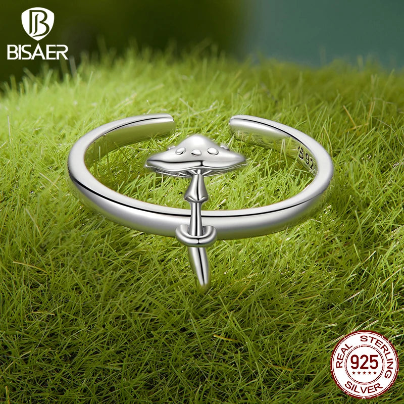 BISAER 925 Sterling Silver Cute Mushroom Open Ring Adjustable Size 5-9 Band  for Women Party Fine Jewelry ECR1086-E