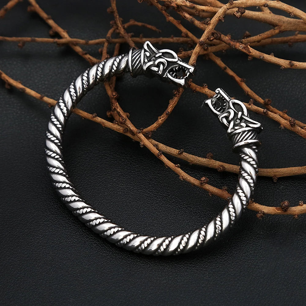 Norse Vikings Stainless Steel Dragon Head Cuff Bracelet Men's Punk Retro Viking Animal Amulet Opening Bangles Fashion Jewelry