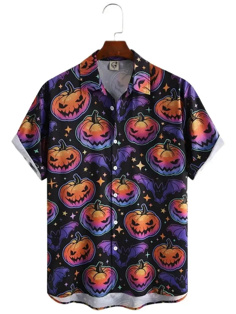 Camisa de manga corta con estampado gráfico de calabaza de Halloween para hombre, camisa de manga corta divertida con estampado retro de elemento de calabaza para fiesta