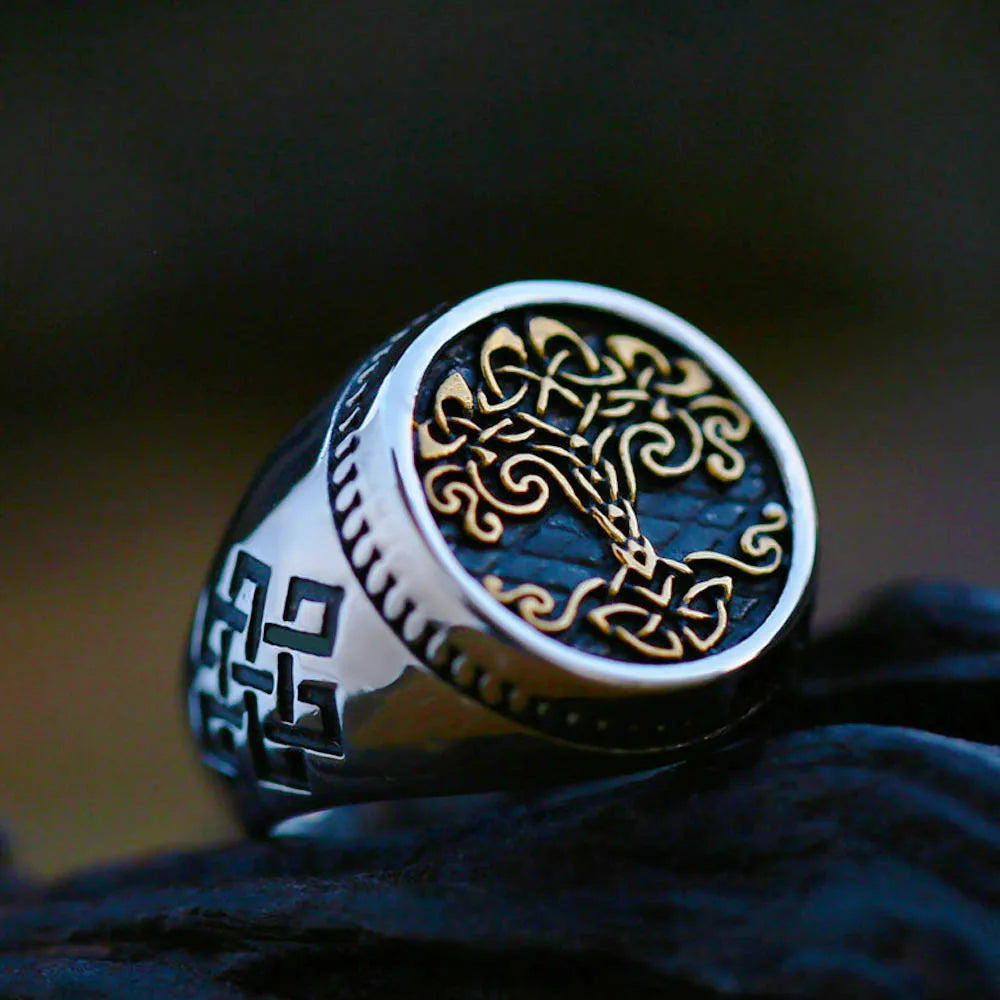 Nordischer keltischer Knotenring, Wikinger-Lebensbaum, Yggdrasil-Ring für Herren, Vintage-Wikingerring aus Edelstahl, Amulett, Schmuckgeschenk