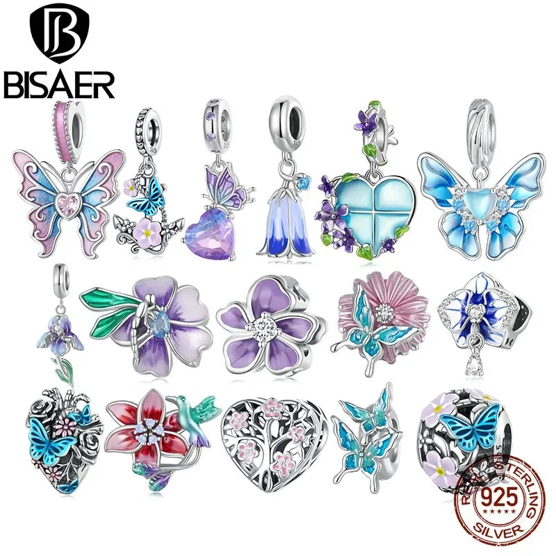 BISAER - Colgante con forma de mariposa y flor de plata de ley 925, diseño de animal morado, chapado en platino, apto para pulseras elegantes para niñas