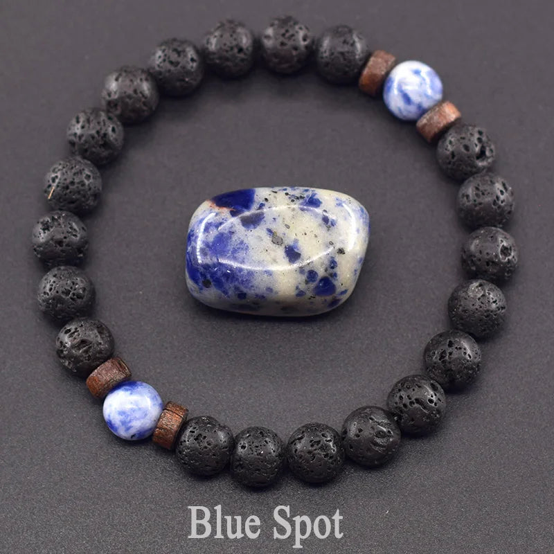 Natural Blue Sandstone Round Beads Bracelet Men Women Vintage Volcanic Stone Jewelry Relieve Anxiety Wristband Birthday Gift