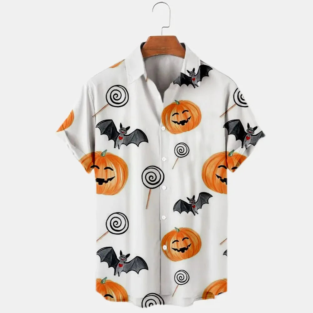 Miniso New Halloween Collection Disney Brand Mickey Anime 3D Printed Men's Lapel Short Sleeve Slim Fit Hawaiian Shirt Y2k