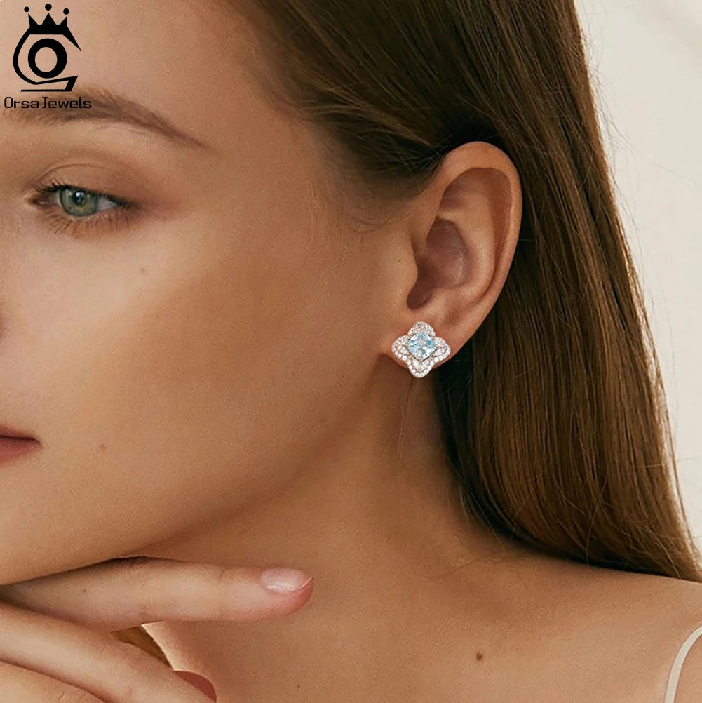 ORSA JEWELS Aquamarine Jewelry 925 Sterling Silver Luxury Earrings for Women Wedding Party Accessories Birthday Gift Daily Fine