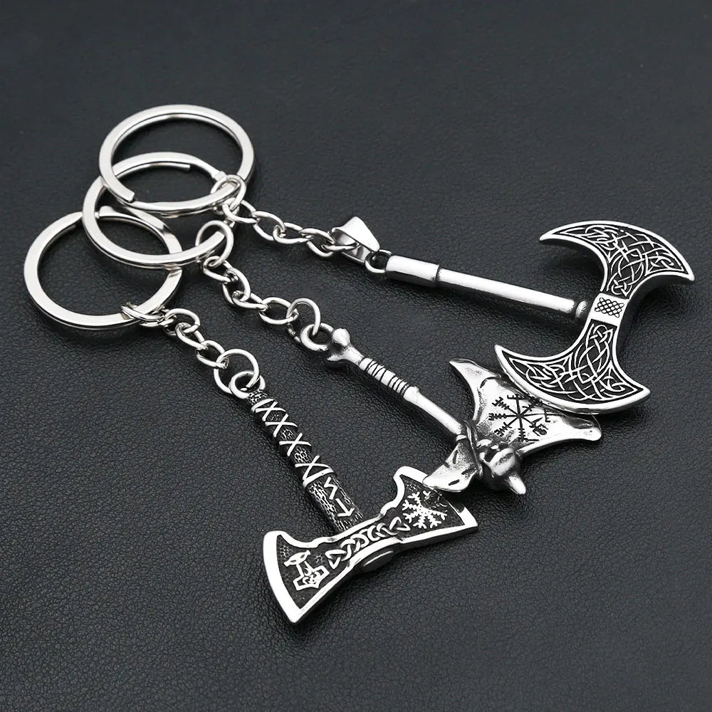 Vintage Stainless Steel Vikings Double Axe Keychains For Man Women Nordic Odin Amulet Pendant Key Chain Pagan Jewelry Wholesale