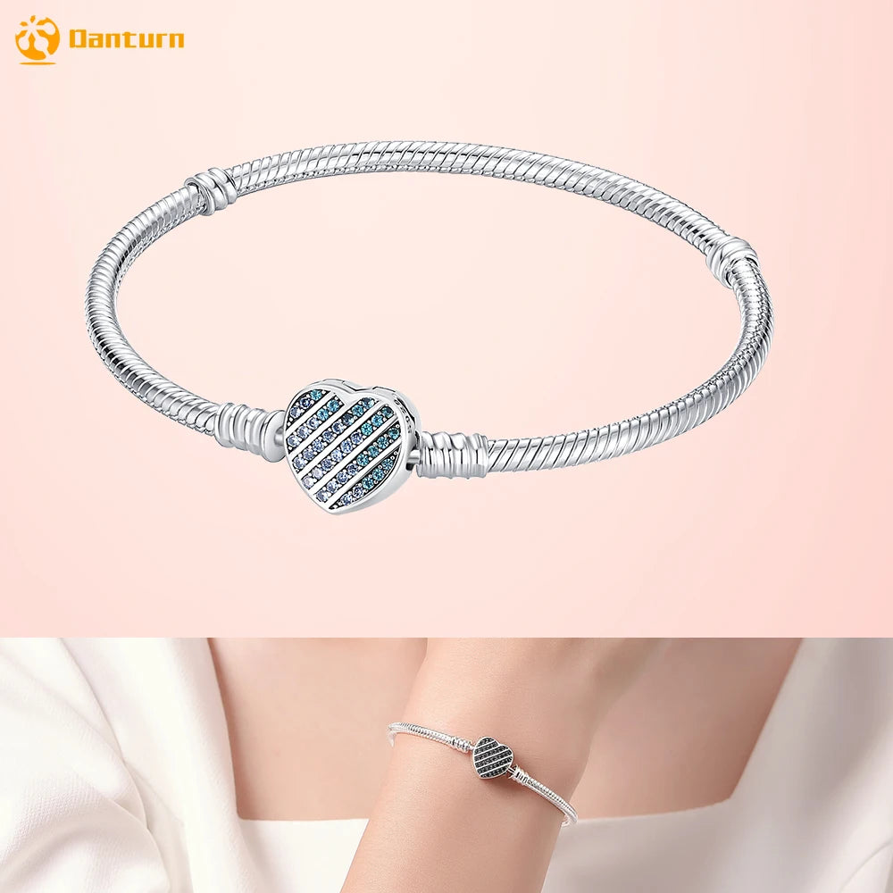 Danturn 925 Silver Heart Infinity Wishbone Heart Blue Disc Fan Clasp Heart T-Bar Multi Snake Chain Bracelets