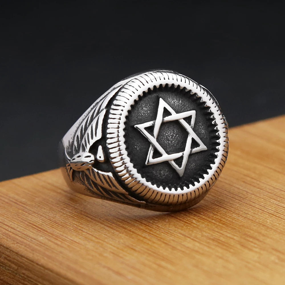 Vintage Punk Star of David Ring Hip Hop Biker Stainless Steel Hexagram With Eagles Rings For Men Women Amulet Jewelry Wholesale