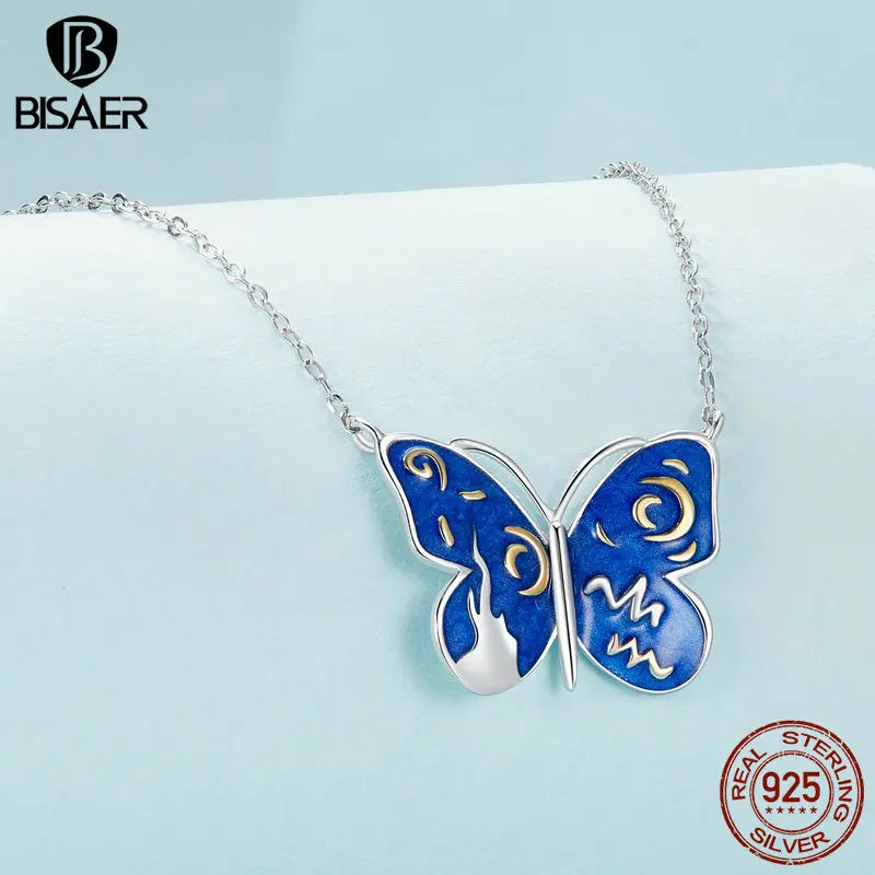 BISAER 925 Sterling Silver Starry Butterfly Pendant Necklace Blue Enamel Process Plated White Gold Women Party Fine Jewelry GIFT