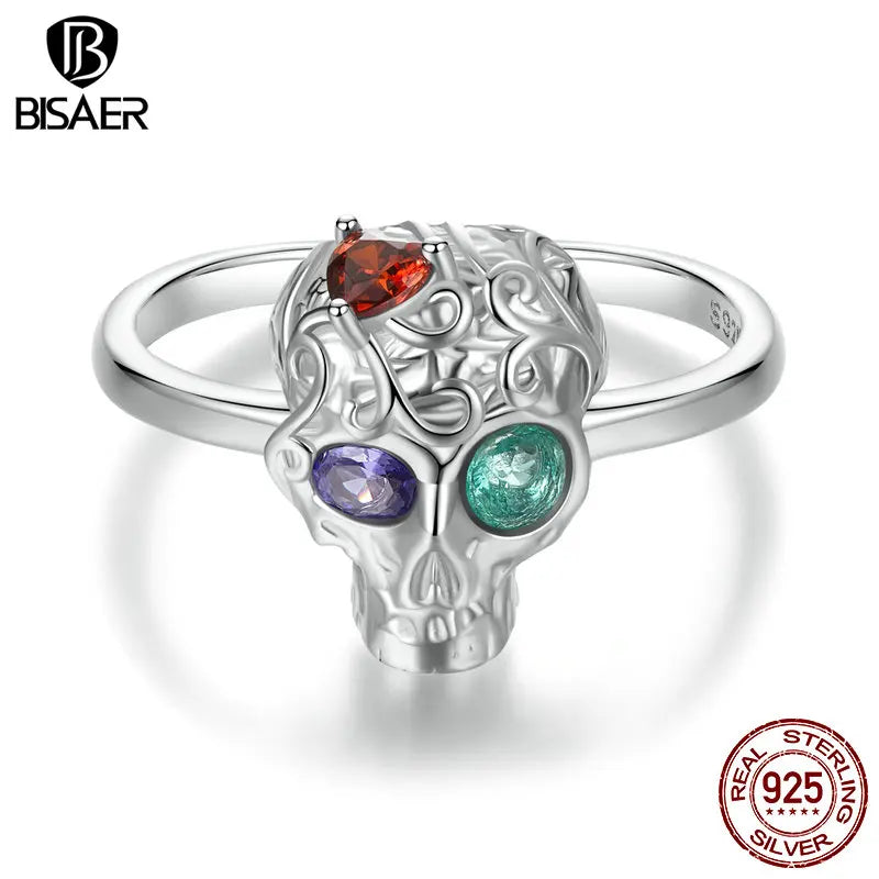 BISAER Bague ouverte vintage en argent sterling 925 avec tête de mort et zircone colorée réglable pour femme, bijou fin de fête, cadeau d'Halloween