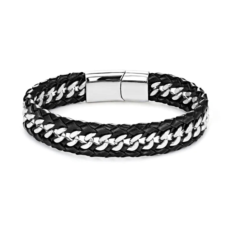 MKENDN Punk Cuban Link Chain Stainless Steel Bracelet Men Black Multilayer Braid Genuine Leather Bracelets Bicycle Jewelry