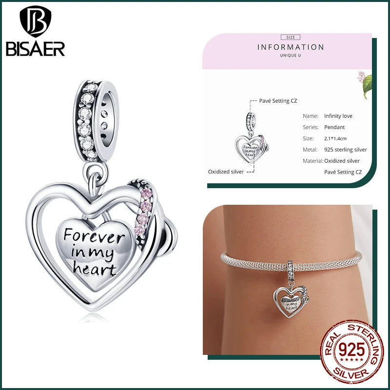 BISAER 925 Sterling Silver Family Heart Charms Beads Mom Dad Pendant for Women DIY Bracelets Necklace Mother's Day Jewelry Gift