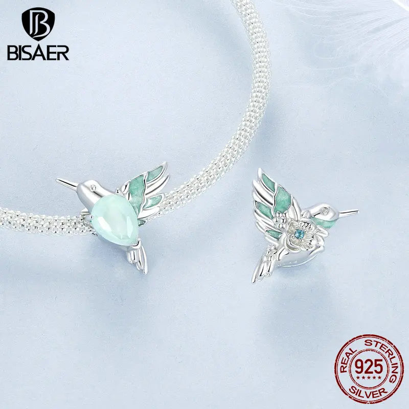 BISAER 925 Sterling Silver Oasis Butterfly Unicorn Ladybug Charms Beads Hummingbird Pendant for Women DIY Bracelets Fine Jewelry