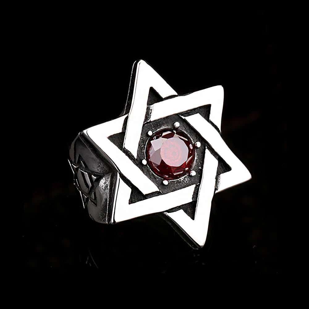 Vintage Fashion Star of David Ring 316L Stainless Steel Red Stone Rings For Men Women Punk Hip Hop Party Jewelry Gifts Wholesale